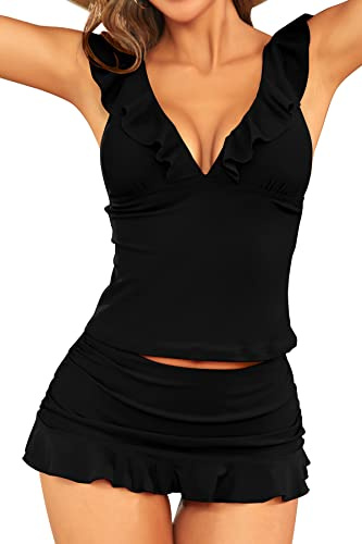 SHEKINI Volant Tankini Donna Scollo a V Profondo Tankini Top Elegante Costume da Bagno Tankini 2 Pezzi Vita Alta Gonna da Bagno(M, Nero)