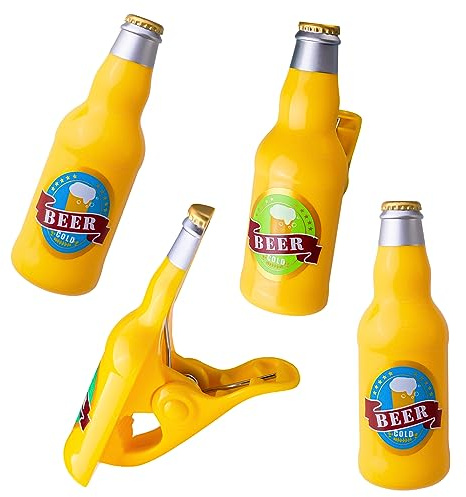 HolyMaji Beach Towel Clips Set of 4, Beer Mugs Beer Bottles Towel Holder for Beach Chairs, Funny Windproof Clothespins for Patio and Pool Accessories - Your Cruise Vacation Essentials (4 Bottles)
