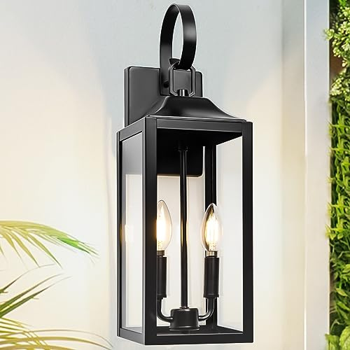 Yolsunes 19 Black Outdoor Wall Lantern 2-Light, Large Outside Modern Porch Sconce Light Fixture, Industrial Porch Light Wall Mount with Glass, Waterproof Farmhouse Exterior Lamp Lighting （1 Pack）