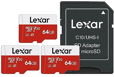 Lexar Micro SD 64 GB, Scheda Micro SD fino a 100 MB/sec(R), Scheda di Memoria microSDXC con Adattatore SD, A1, U3, C10, V30, Micro SD Card Confezione da 3