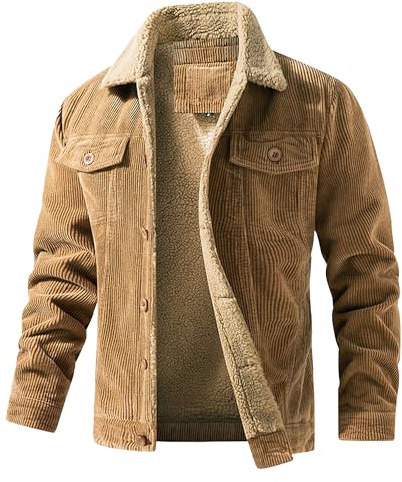 ZDJSWJ Hommes velours côtelé camionneur veste coton doublure laine bouton veste de travail Sherpa laine col chaud manteau militaire (Couleur Kaki,XL)