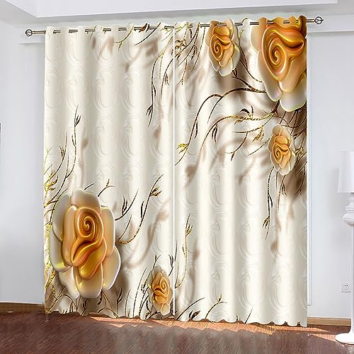 Skcess Verdunklungsvorhänge, Curtains for Bedroom Rosabeige Blütenbüschel Vorhang Polyester Gardinen 2er Set 107x115cm(WxH)