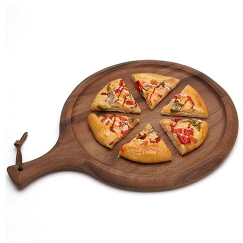 PTATT Assiette À Pizza Ronde en Bois Serveur avec Poignée, Assiette À Pizza Multifonctionnelle Plateau Rond Durable Facile À Utiliser, Adapté Au Pain À Pizza Fruits Légume brown-30 * 40cm