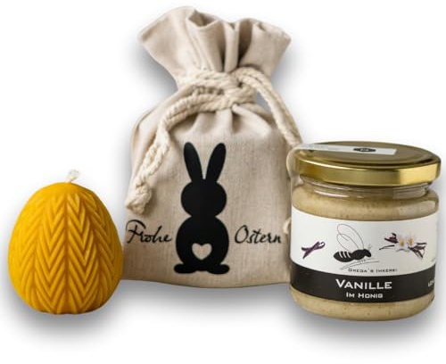 Gregas Imkerei Oster-Honig-Geschenkset – Ostersäckchen mit Hase, 250 g Honigglas deiner Wahl und Osterstern Bienenwachskerze – perfektes Mitbringsel & Geschenk für Ostern. (Vanille im Honig 250 g)