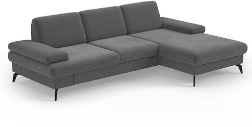 Cavadore Ecksofa Moritz / Eckcouch mit Longchair, Sitztiefenverstellung und mattschwarzen Metallfüßen / 275 x 82 x 171 / Flachgewebe, Grau