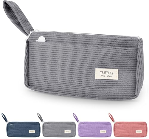 TAIHOBO Retro Pencil Case with Compartments, Corduroy Pencil Cases Boys with Handle, Soft School Aesthetic Pencil Case for Women, Washable Pen Case for Students and Office Workers (Cement Grey)