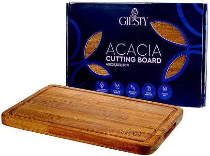 Tabla de cortar de madera maciza acacia/redwood, tabla cocina reversible con ranura para jugos y asas, bloque de carnicero para carne, verduras, pan, queso (Acacia, 40cm x 27,5cm x 2,5cm)