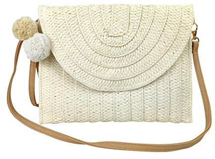 FuninCrea Straw Beach Bags for Women, Large Summe Crossbody Bag with 2 Pompom and Adjustable Strap, Natural Handmade Straw Bags Cross Body Bag for Travel Vacation Camping (Beige)