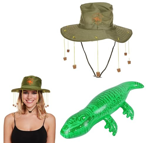 Lizzy 1 x Adult Australian Cork Hat with Inflatable Kangaroo (70cm) | Crocodile Dundee Style Fancy Dress Accessory for Australia Day, Costume Parties, Festivals