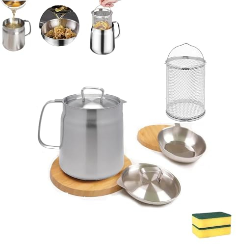 Stainless Steel Large Capacity Oil Fryer And Filter Cup Combo, 304 Stainless Steel Oil Filter Pot, Small Oil Fryer, with Fried Basket with Cleaning sponges (Color : 2L)