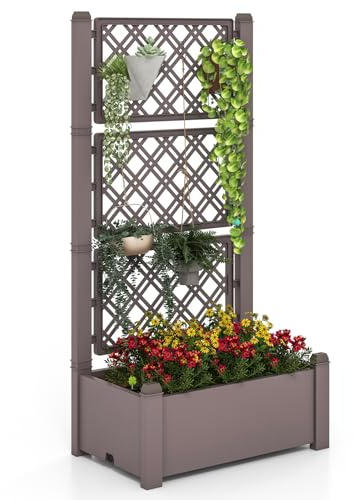 COSTWAY Raised Garden Bed with 3 Hieght Trellis, Self-Watering Planter Box with Water Drainage Hole, Water Level Monitor & Cross Bars, Indoor Outdoor Plant Vines Growing Box Container (Coffee)