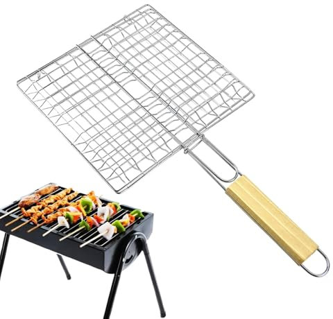 Rejilla para asar pescado para parrilla,Rejilla para asar pescado para acampar,Cesta de parrilla portátil | Cesta de parrilla para cocinar camarones a la barbacoa con mango de madera resistente al cal