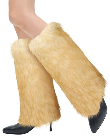 XEPST Damen Kunstpelz Beinwärmer Plüsch Beinwärmer, Mädchen Furry Fuzzy Beinwärmer Winter Stulpen Damen für Winterwärmer Karneval Halloween Fasching Mottoparty Verkleidung, Weiß + Gold