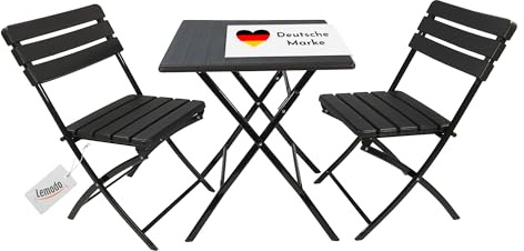 Lemodo Balkonmöbel Set 3-teilig bestehend aus 2X Balkon Stühle und 1x Balkontisch, Balkon Set für 2 Personen, klappbares Bistroset in Holzoptik, stabiles Balkonset, Essgruppe in schwarz
