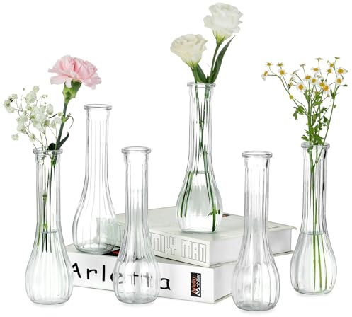 NUPTIO Glass Bud Vases for Flower: 6 Pcs 21.7cm Tall Small Vase for Wedding Decor - Clear Decorative Ribbed Centrepiece for Party Housewarming Home Room Table Decoration