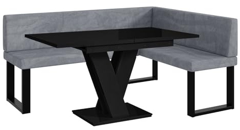 MEBLINI Eckbank für Esszimmer mit ausziehbarem Tisch - Küchenbank - Essecke - Sitzecke Küche - Toni - U-Beine 128x168x87cm Rechts - Grau Samt/M Schwarz Hochgl.