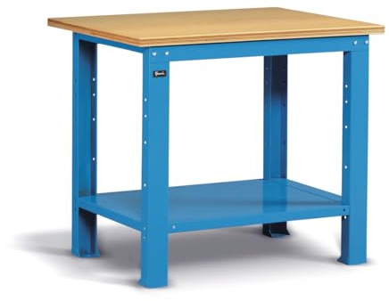 FAMI - Banco da Lavoro, con Gambe Fisse e Piano in Legno, Adatto a Garage e Officina, Base d'Appoggio per Attrezzi, Blu, Portata 1000 kg, Dimensioni 102,4 x 75 x 88,2 cm