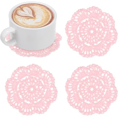 M METERXITY 4-Pack Handmade Crochet Coasters, 4Inch/10cm Round Cotton Placemats for Table/Cup/Bowl/Vase/Tea Trays/Home Decoration, Lace Doilies Place Mats [Light Pink]