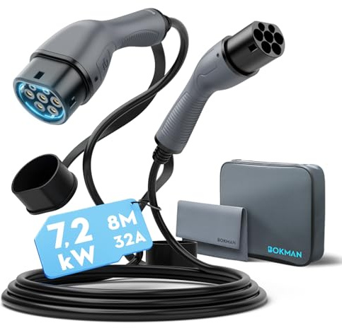 bokman Typ 2 laddkabel, 32 A/7,2 kW/1-fas/8 meter, typ 2 till typ 2 EV-laddningskabel för elbil med bärväska och mikrofibertuc