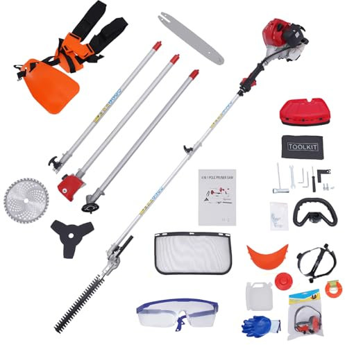 Herramienta multifunción de jardín de gasolina de 52 cc con desbrozadora, cortacésped, motosierra y cortasetos en uno, multiherramienta 4 en 1 para jardín, incluye 3 barras de extensión de 85 cm y