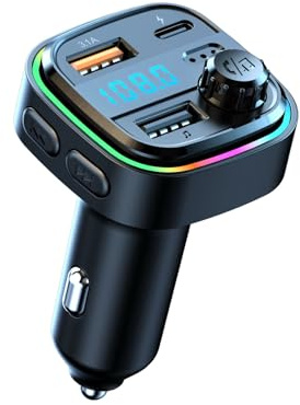 Transmetteur FM Bluetooth Voiture, Chargeur Double USB-C (5V/3.1A) & USB-B (12V-24V), Écran LED, Kit Mains Libres, Microphone Intégré, Lecteur MP3, Éclairage RGB, Compatible iOS & Android.