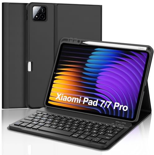 Occtingkind Coque Clavier pour Xiaomi Pad 7/7 Pro 11.2 2025, AZERTY Français Housse Clavier Bluetooth Magnétique Détachable avec Porte Crayon pour Tablette Xiaomi Pad 7/7 Pro 2025 11.2 Pouces, Noir