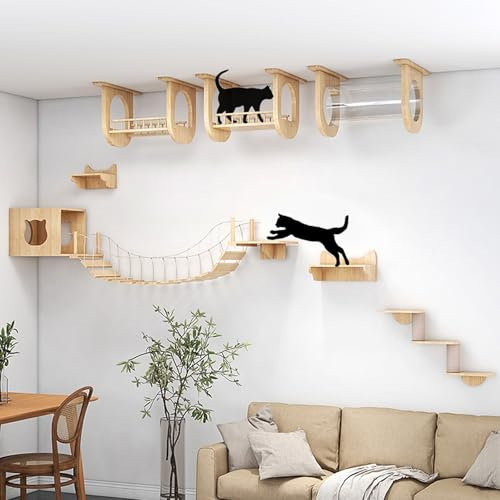 YLLSMGS Rascador Pared Gatos Juego de Hamaca para Gatos 9 Unidades, Estante de Madera Maciza con Túneles, Puentes, Plataformas y Postes Rascadores