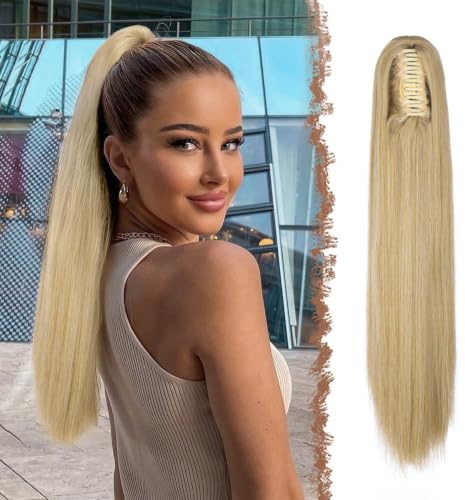 FESHFEN Langer Pferdeschwanz Haarteil - Glatte Blond Gemischt Zopf Extensions mit Klammer Synthetik Haarverlängerung Claw Clip in Ponytail Haare Extension für Damen, 63 cm