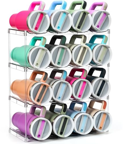 Design for Stanley 40 OZ & Large Bottles & Tumblers with Handle - Acrylic Water Bottle Organizer - Stackable Clear Wine Rack Cup Holder for Home Kitchen Pantry Shelf Countertop Cabinet, 4 Tier Hold 16