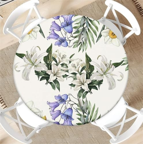 artslion Nappe Ronde d'extérieur avec Bande élastique Ø 36in-90cm Nappe de Jardin élastique avec Motif Lys Blanc Convient aux Tables de 75-85 cm