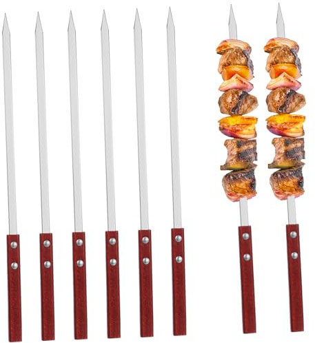 Gatuida 6pièces Lot De Brochettes De Barbecue Acier Inoxydable Métal Avec Manche Bois Plat Pour Griller Viande Légumes