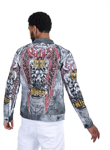 KINGZ Designer Nieten Jeansjacke mit All-Over Print Weiß XXL