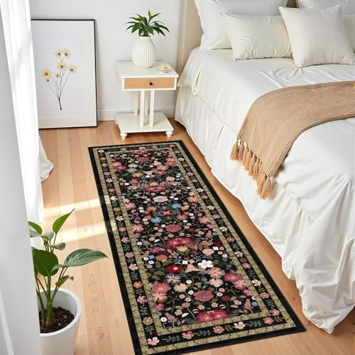 Blumen Teppich Läufer Flur 80x240 cm für Küche Schlafzimmer Vintage Boho Waschbarer Badezimmer Küchenteppich Rutschfest Weicher Dünner Kurzflor Runner Rug für Flure Waschküche Bauernhaus, Schwarz
