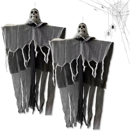 JYNVO 2 Pezzi Halloween Decorazioni da Appendere Horror Giardino, 85 * 60cm Scheletro Volante Ghost Fantasma di Halloween Grim Reaper, per Cortile Bar Interno All'aperto