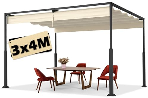 Suusolny 3x4 Pergola mit Schiebedac Beige Gartenpavillon Wasserdicht Terrassenüberdachung Stabile Sonnenschutz für Terrasse & Freistehender Sonnendach aus Stahl & Polyester Terrassendach UV Schutz
