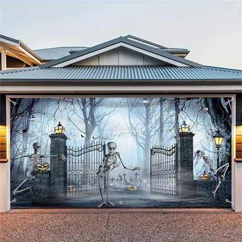 Halloween Garagentor Banner, Halloween Deko Outdoor Große Garage Dekorationen, Gruselige Banner Dekorationen für Hintergrundbanner Horror -Themen Party Dekorationen 400X180CM (Grey, 400X180CM)