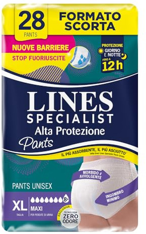 Lines Specialist Pants Maxi Unisex, Mutande Assorbenti per Incontinenza Donna e Uomo, Alta Protezione fino a 12h, Taglia XL, Scorta Mensile, Confezione da 28 Unità