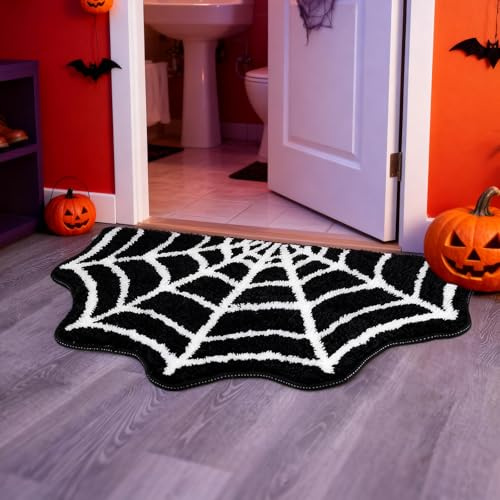 Halloween Spider Web Gothic Rug, 15.7x23.6in Spiderweb Black Bath Mat, Non Slip Absorbent Machine Washable Area Rug Spooky Matt, Spiderman Area Rugs for Bathroom Living Room Door