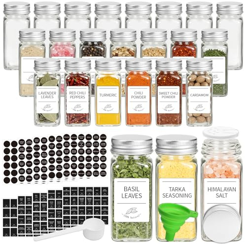 EkkoVla 24 Pack 120ml Square Glass Spice Jars with Silver Airtight Lids | Pre-Printed Labels, Silicone Funnel & Spoon for Kitchen Storage, Herbs & Spices