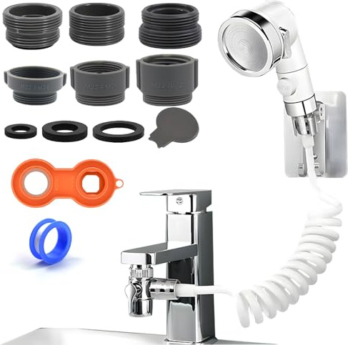 Handbrause für Waschbecken Set, Waschbeckenbrause mit Schlauch 1.5M, Duschkopfhalter und Wasserhahnspender, Stoppfunktion Waschbecken Brause, für Badezimmer, Wäschewanne