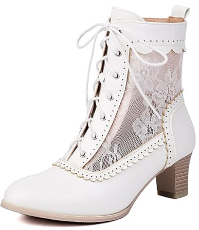 Wtharosa Retro viktoriansk snörning stövletter blockklack brogue stil vågad kant spets mesh detalj vardag kontor fest bekväm promenader, Vit, 47 EU