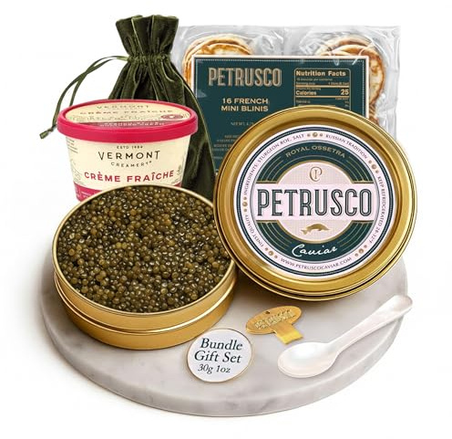 PETRUSCO Royal Ossetra 30g Caviar Gift Set - Sustainable Gourmet Delicacy, Buttery, Nutty Flavor - Includes Blinis, Crème Fraîche, Pearl Spoon & Opener