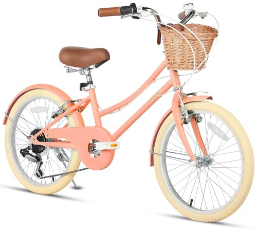 Glerc 20 Inch Beach Cruiser Bike, 6-Speed Hybrid City Bicycle for Girls Youth and Over 6 Years Old, Missy Bike with Wicker Basket & Lightweight, Peach