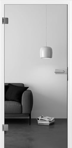 Hochwertige Ganzglas Wohnraumtür mit Zarge und Griff, ESG 8mm, Klar-/Milchglas, Weiße Zarge mit Durat®-Oberfläche, Höhe 1985 mm (Klarglas, Breite 1010 mm I DIN-Rechts I Maulweite 120 mm)