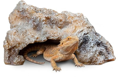 Reptile Hideout Cave, Resin Rock Terrarium Habitat Decor Bearded Dragon Reptile Hide Cave for Small Lizards Snakes Turtles Frogs Amphibians Medium