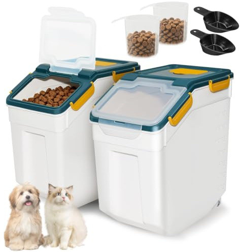 Airtight Pet Food Storage Container Total 15kg, 2 Pack PE Bins with Scoops | Blue Dry Food Bins with Locking Lids, Sloped Access Doors, Bottom Rollers, 2 Spoons and 2 Measuring Cups for Pet Food