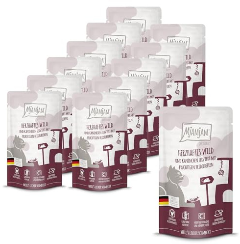 MjAMjAM - cibo umido premium per gatti - Quetschie - sostanziosa selvaggina e coniglio con mirtilli fruttati, confezione da 12 (12 x 125 g), senza cereali con carne extra