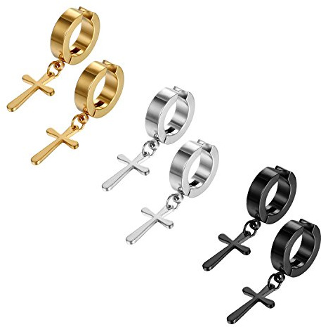 JewelryWe Schmuck Unisex Creolen Ohrringe Edelstahl Kreuz Ohrhänger ohne Loch Fake Ohrstecker Ohrclips Klappcreolen Huggie, Silber Gold Schwarz