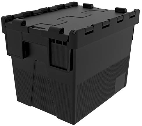 Loadhog Heavy Duty 100% Recycled Plastic 56 Litre Attached Lidded Container Storage Box Totes (L 400 x W 300 x H 305 mm) Black - Pack of 1