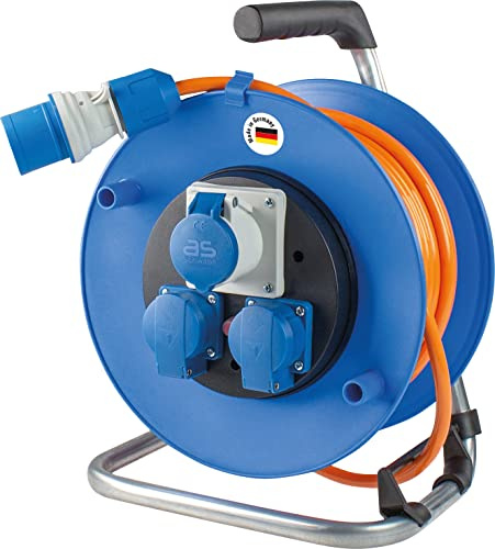 as - Schwabe Camping Kabeltrommel 25 m, mit Spannungsanzeige | mit Spannungsanzeige am CEE-Stecker - 2 Schutzkontakt- & 1 CEE-Steckdose 230V/16A/3-polig - Spritzwasserschutz IP44, 10170